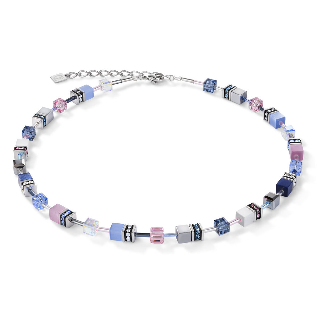 Necklace - CDL - stainless steel geo-cube in blue/rose & titanium oxide hematite/rhinestone/glass & Swarovski crystals