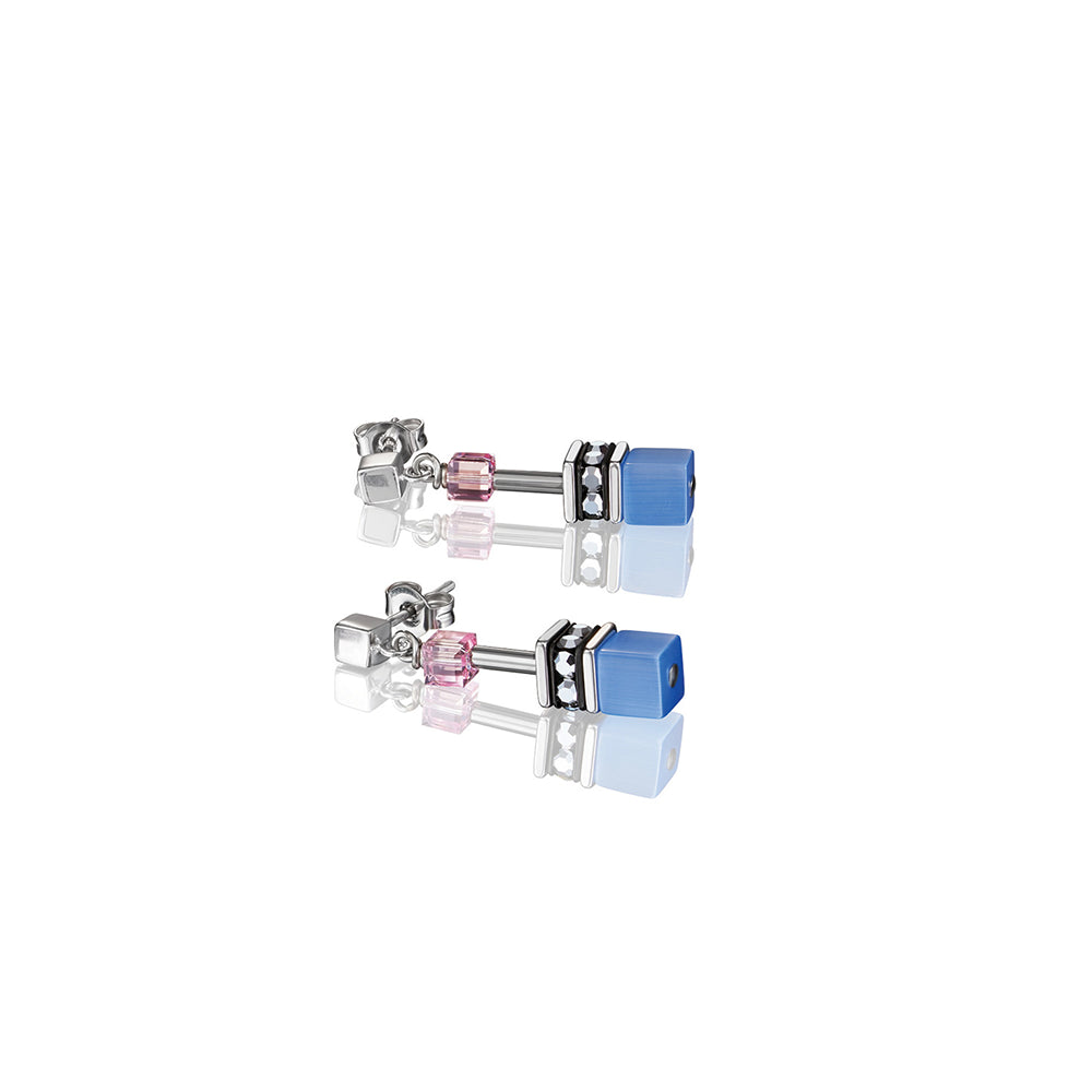 Earrings - CDL - stainless steel geo-cube in blue/rose & titanium oxide hematite/rhinestone/glass & Swarovski crystals with sterling silver fittings