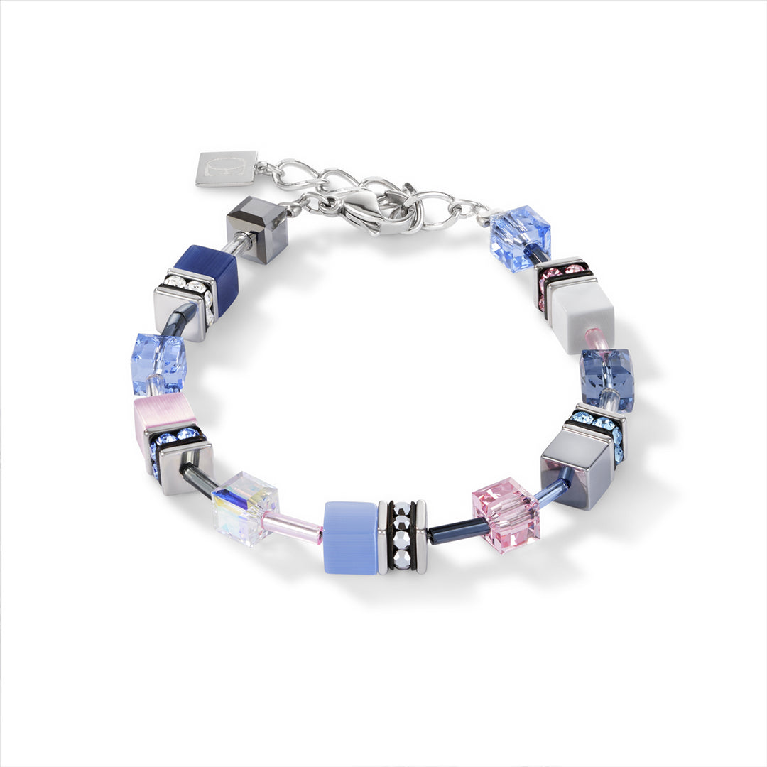 Bracelet - CDL - stainless steel geo-cube in blue/rose & titanium oxide hematite/rhinestone/glass & Swarovski crystals