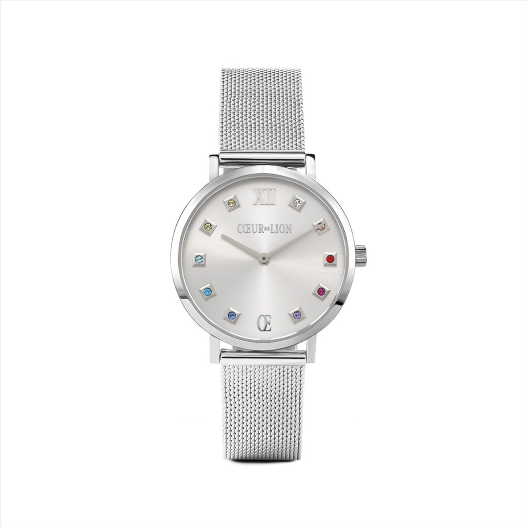 Watch st/st case & band, dial with silver sunray effect & silv colour applications set with multicoloured Swarovski Crystals