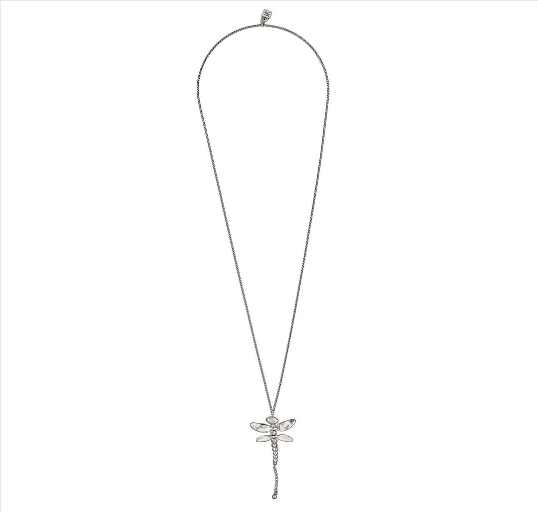 Long Dragonfly Necklace In Metal Alloy Plated In 15 Micron Silver.