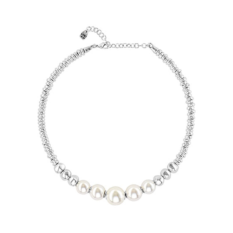 SUPERLATIVE NECKLACE, 15 micron Silver plated metal alloy large necklace with 5 shell pearls.