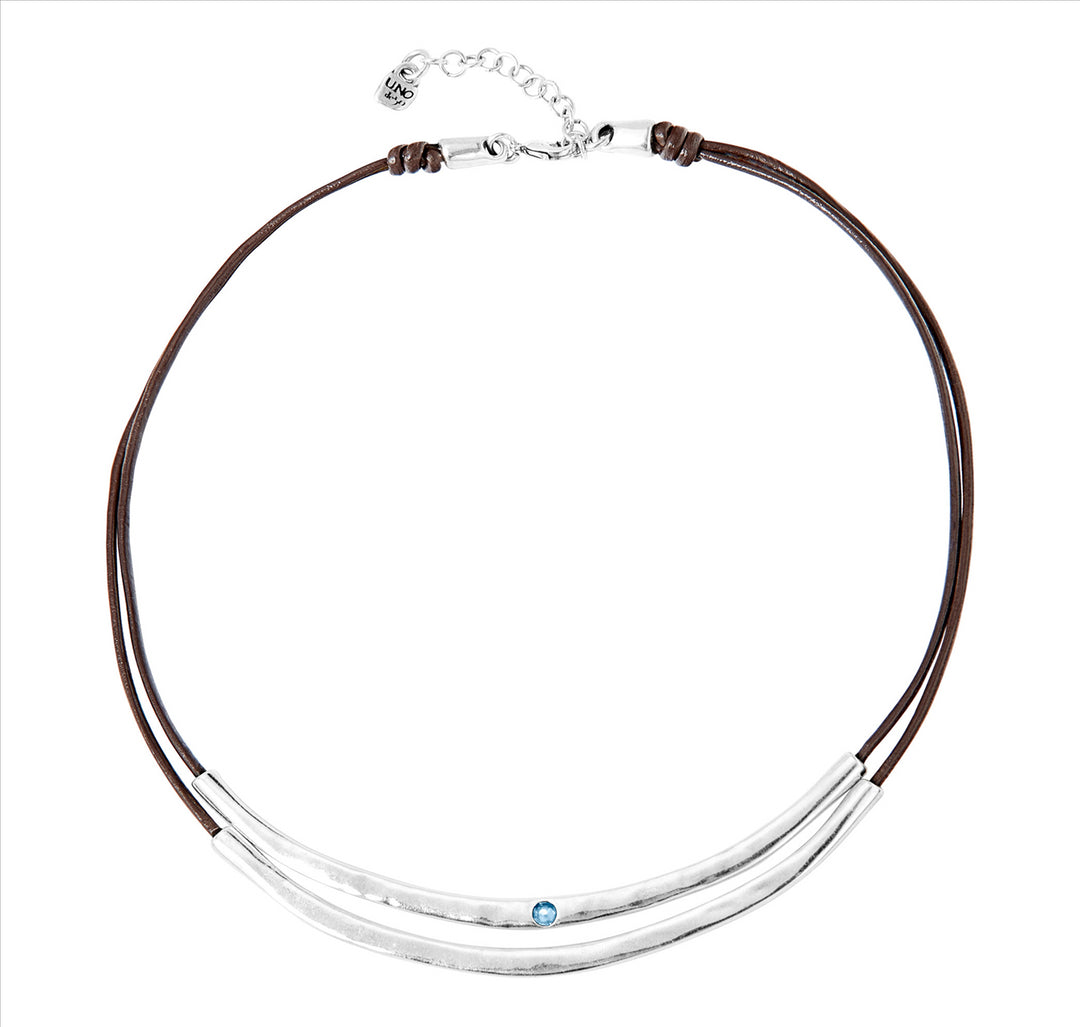 BALANCE NECKLACE, Metal necklace plated in 15 micron silver, leather and crystals