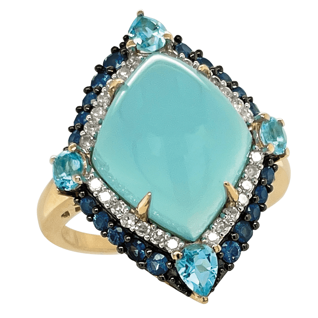 9ct yg blue chalcedony, swiss blue topaz, sapphire and diamond ring