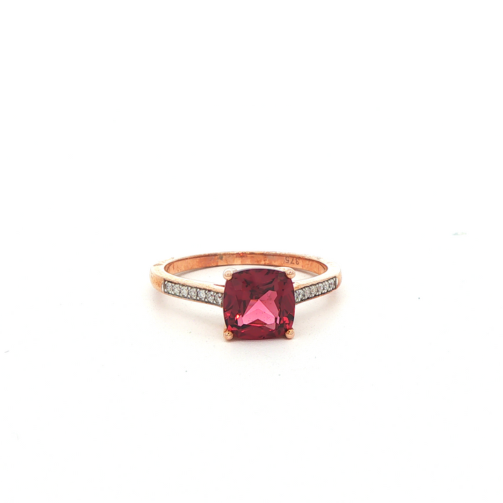 9ct rg cushion rhodolite garnet and diamond ring