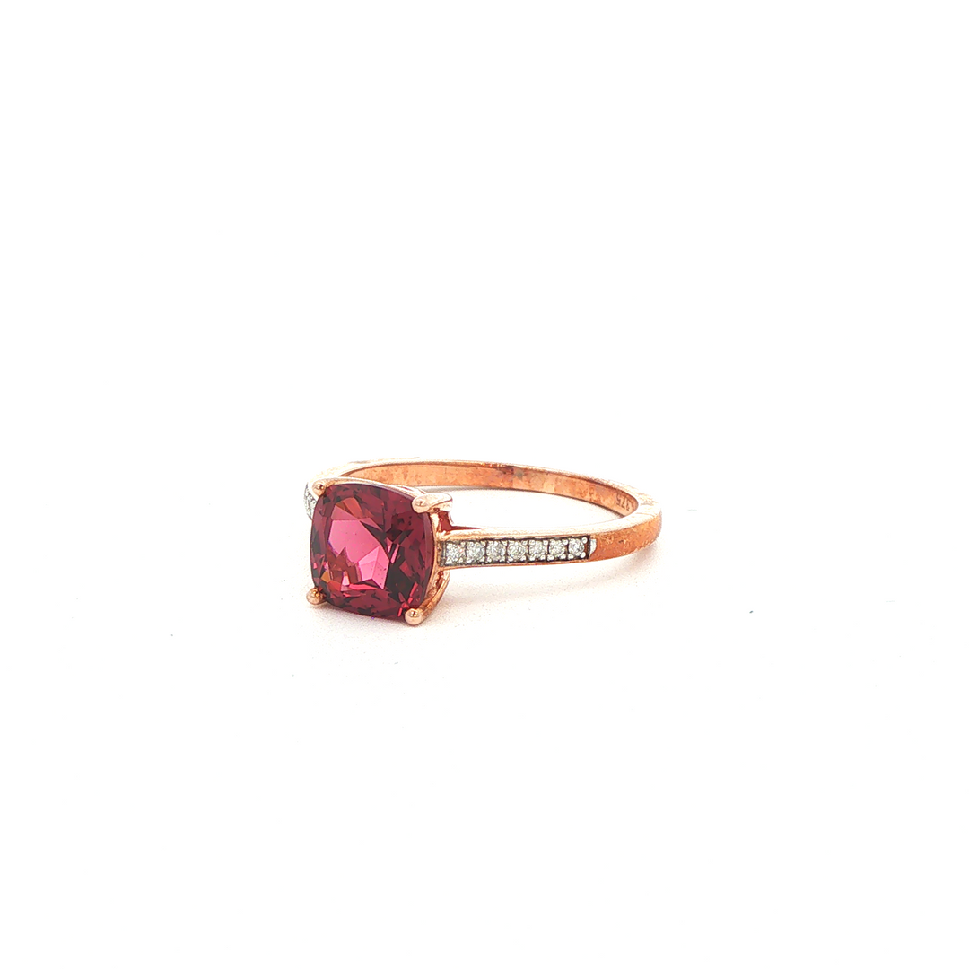 9ct rg cushion rhodolite garnet and diamond ring