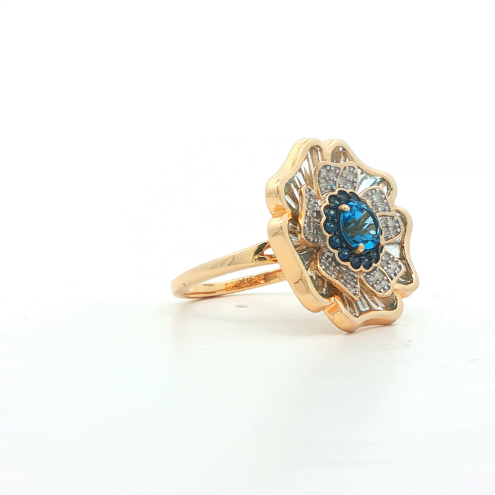 9ct Yellow Gold Swiss Blue Topaz, Sky Blue Topaz, Blue Sapphire And Diamond Ring