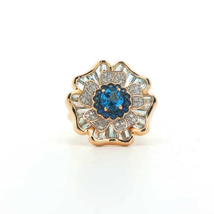 9ct Yellow Gold Swiss Blue Topaz, Sky Blue Topaz, Blue Sapphire And Diamond Ring