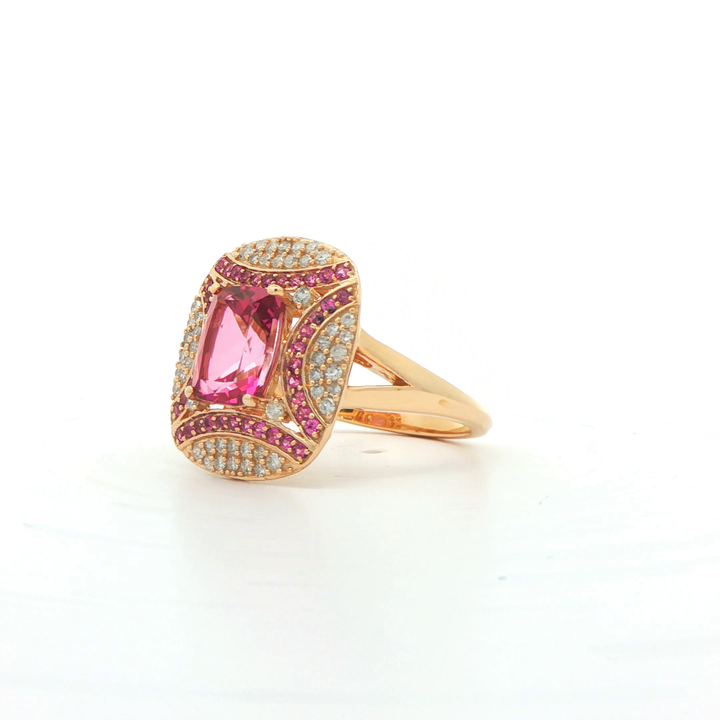 9ct Yellow Gold Pink Topaz, Rhodolite Garnet And Diamond Ring