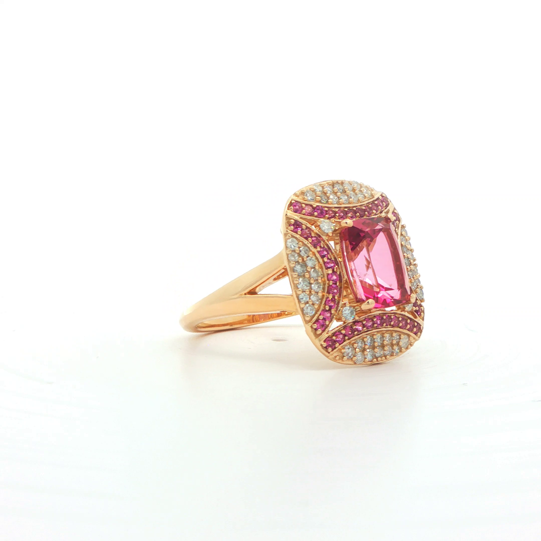 9ct Yellow Gold Pink Topaz, Rhodolite Garnet And Diamond Ring