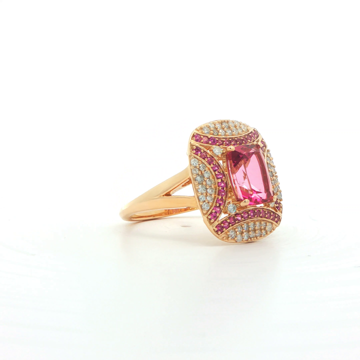 9ct Yellow Gold Pink Topaz, Rhodolite Garnet And Diamond Ring