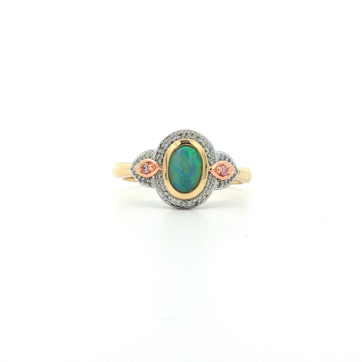 9ct Yellow, Rose, White Gold Opal And Diamond Ring