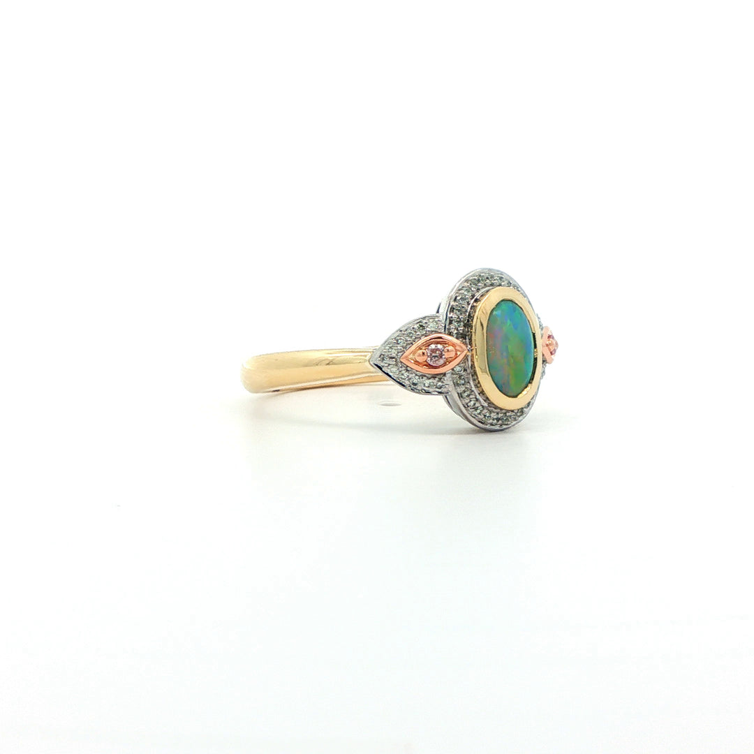 9ct Yellow, Rose, White Gold Opal And Diamond Ring