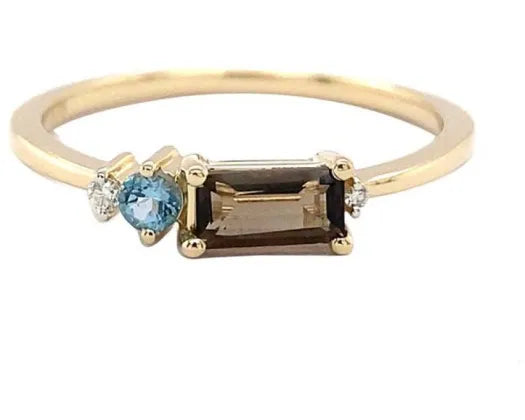 9ct YG Diamond, Smokey and Blue Topaz Ring
