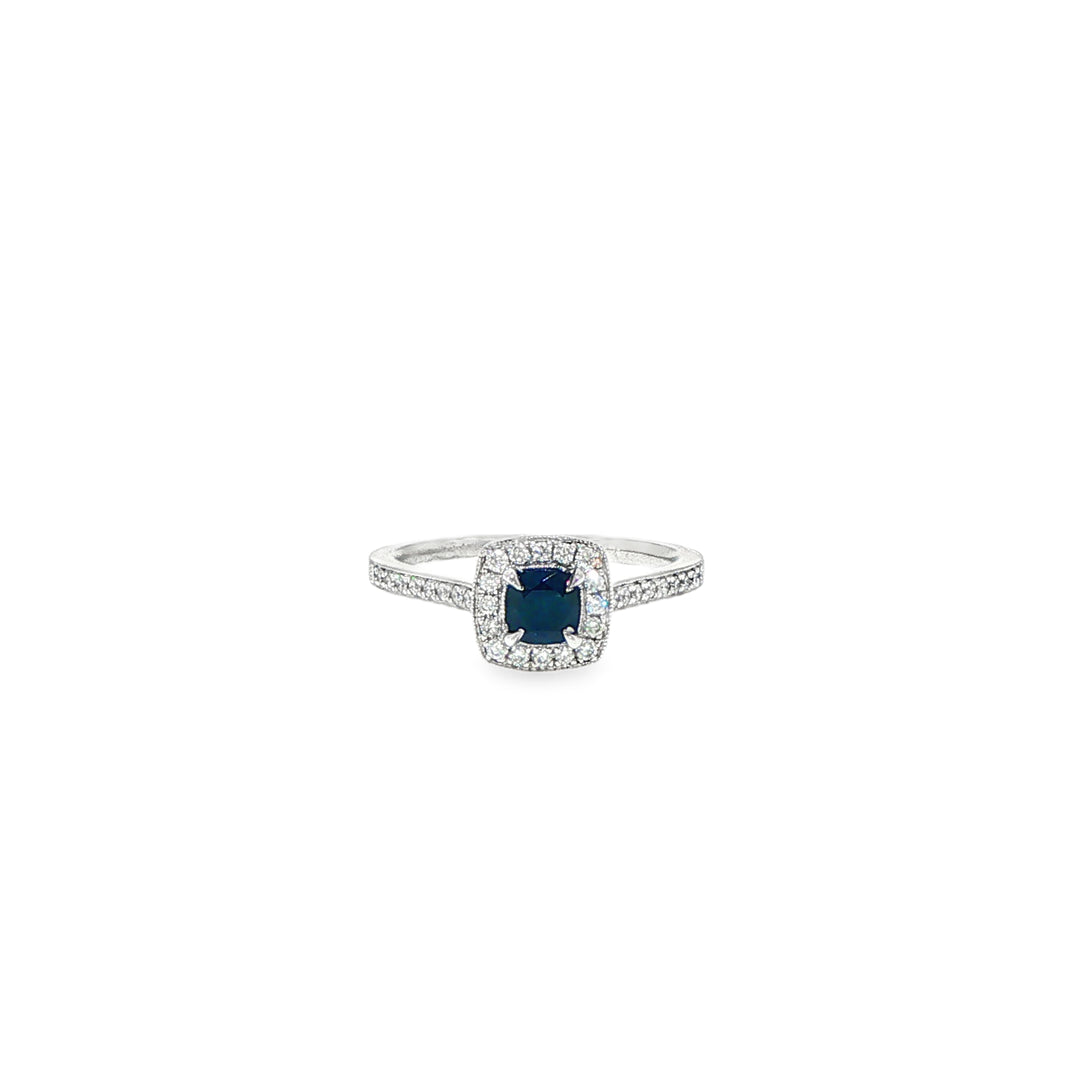 Ladies 9ct White Gold Natural Sapphire Ring with 0.27ct Diamond Halo and Shoulders