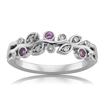 Ladies 9ct White Gold Leaf Motif Ring with Pink Sapphires and Lab-Grown Diamonds