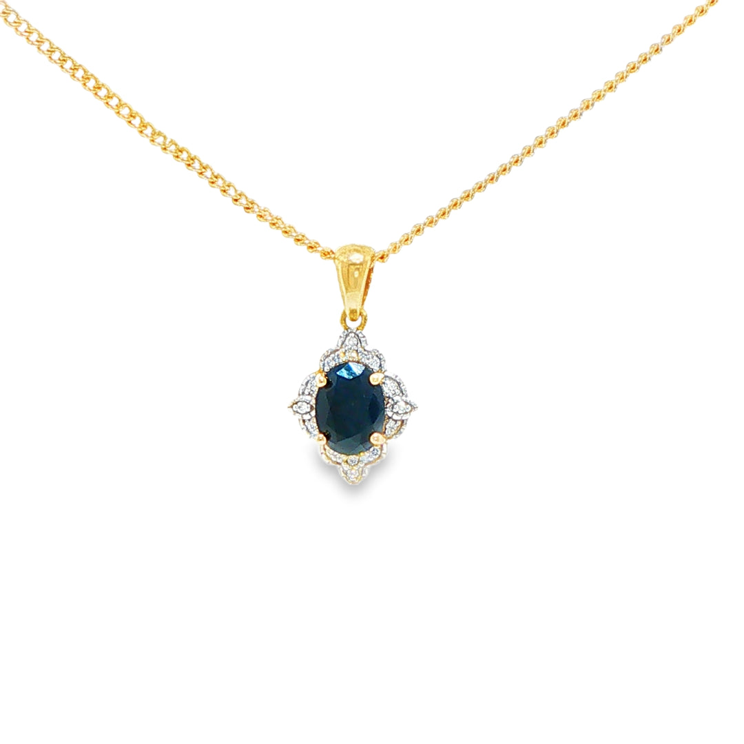 9ct Yellow Gold Black Sapphire and Diamond Pendant
