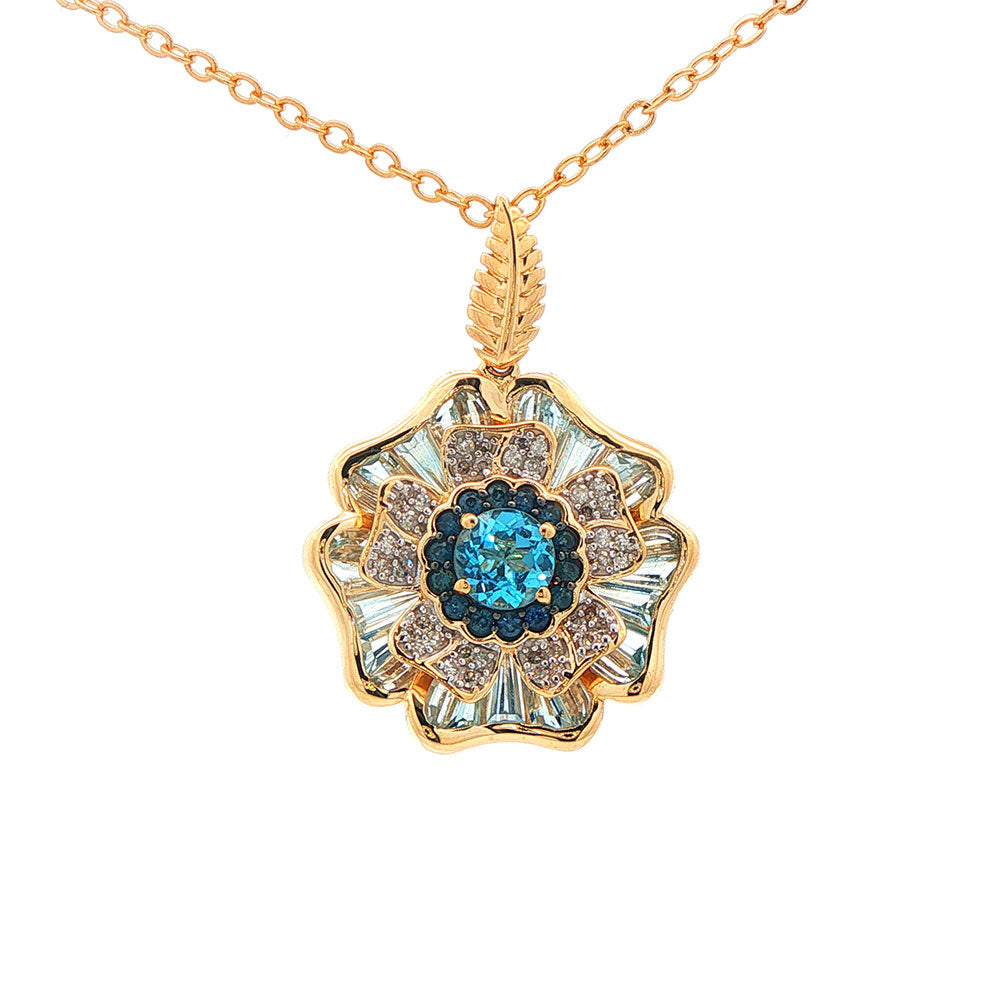 9ct Yellow Gold Blue Topaz and Diamond Pendant