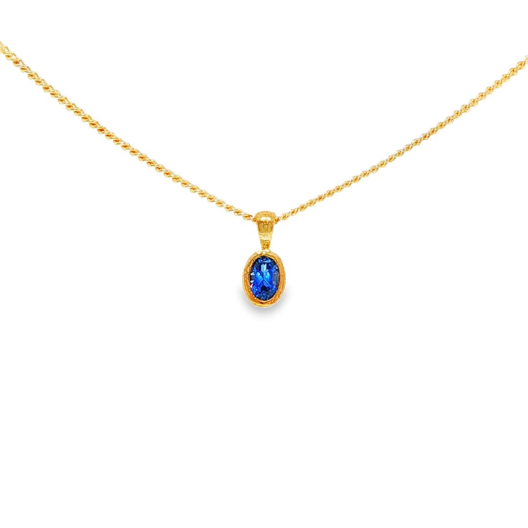 Ladies 9ct Yellow Gold Oval Bezel Created Ceylon Sapphire Pendant