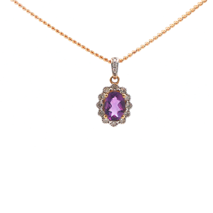 9ct yg diamond and oval amethyst pendant