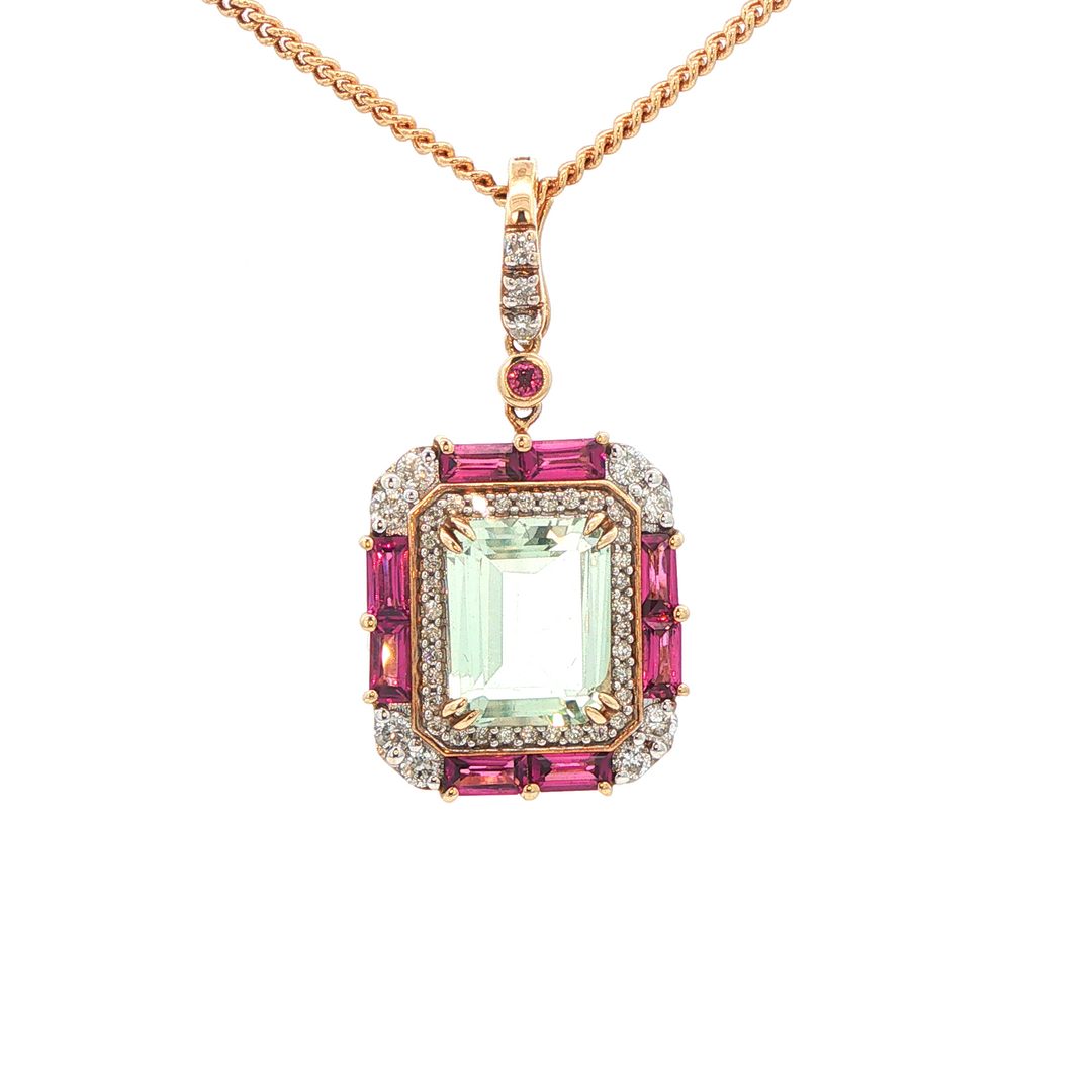 9ct yg mint quartz, rhodolite garnet and diamond enhancer pendant