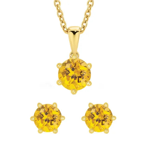 9ct Yellow Gold 6-Claw Citrine Earring and Pendant Set