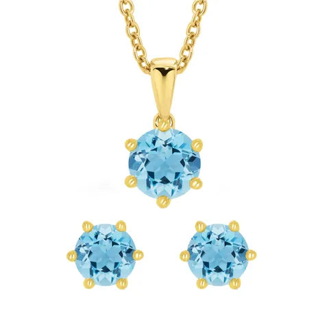 9ct Yellow Gold 6-Claw Blue Topaz Earring and Pendant Set