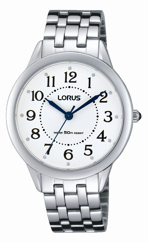 Lorus ladies Stainless steel dress watch 50m Water resistant, White dial, Blue hands