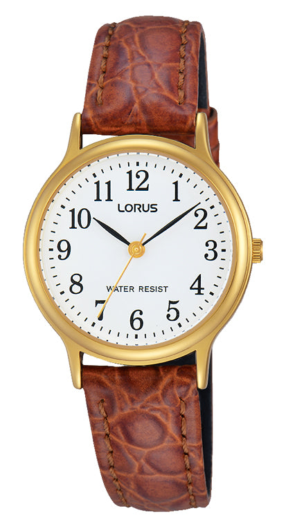 Lorus Ladies, Gold Plate, White Dial, Brown Leather Band.