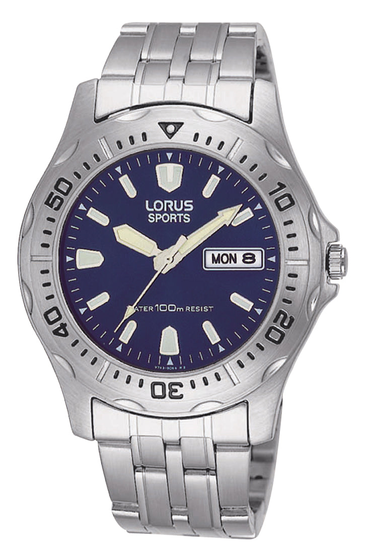 Watch - Lorus gents Stainless steel sports, Blue dial, 100m, Day, Date