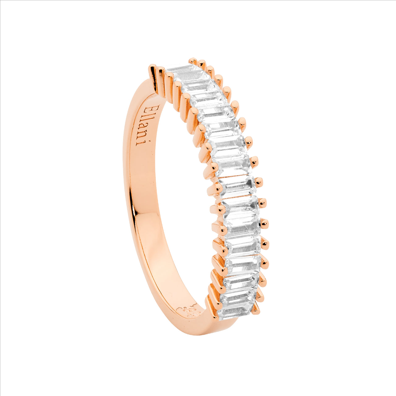 SS wh cz claw set baguette ring w/ rose gold plating