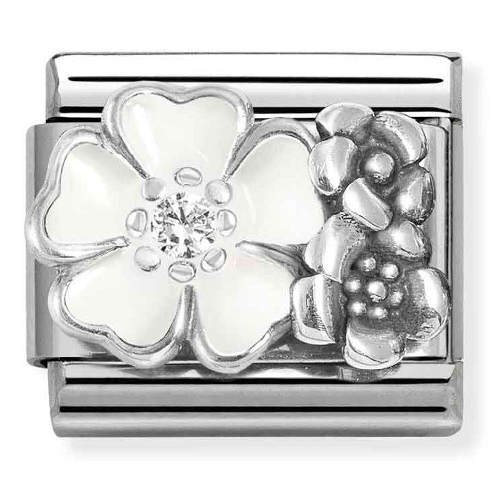 Classic Symbols Ox, In Steel, Enamel, Cubic Zirconia And 925 Sterling Silver White Flower With Flowers