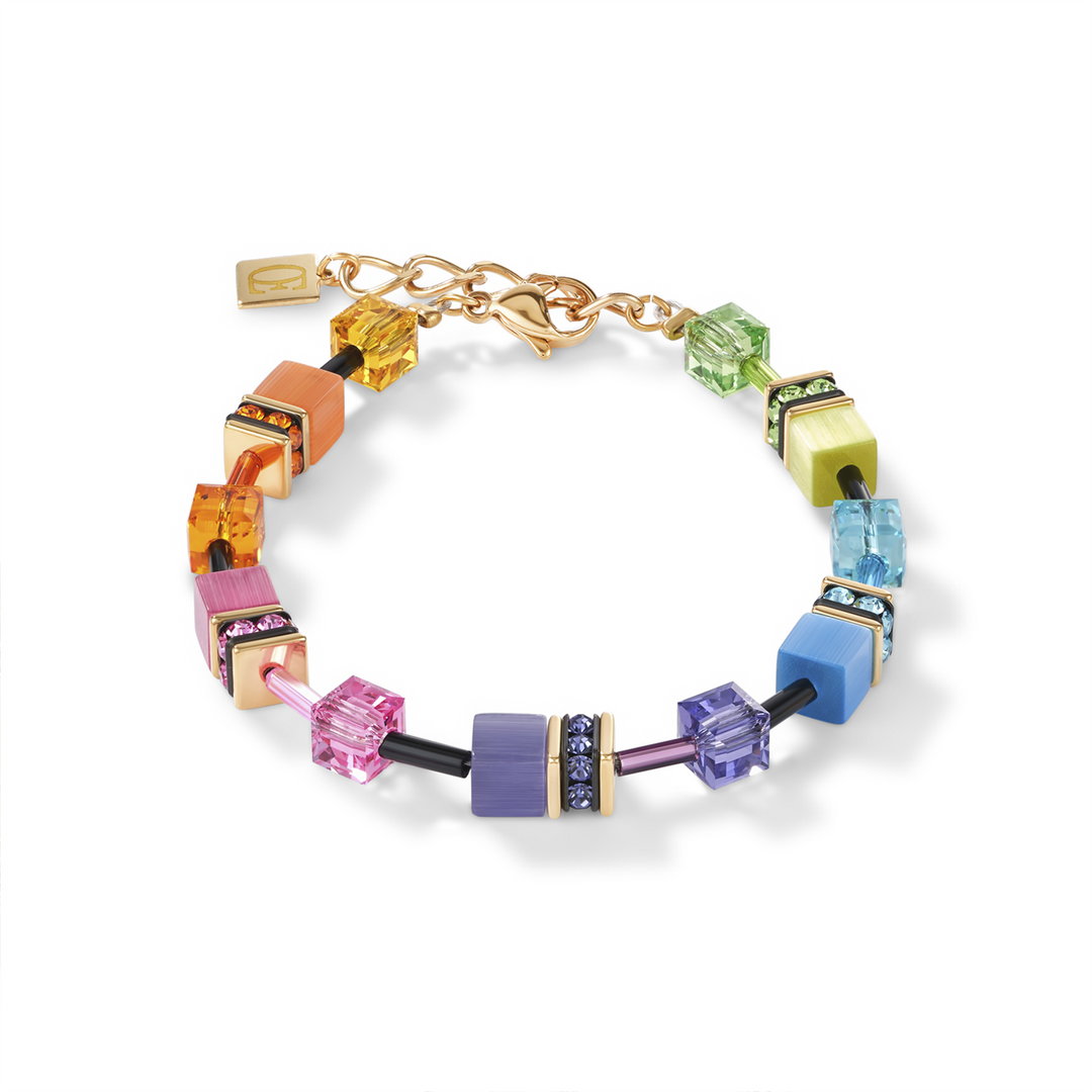 CDL - Bright Multi-Color Geo-Cube Crystal Bracelet – Gold Plated Stainless Steel