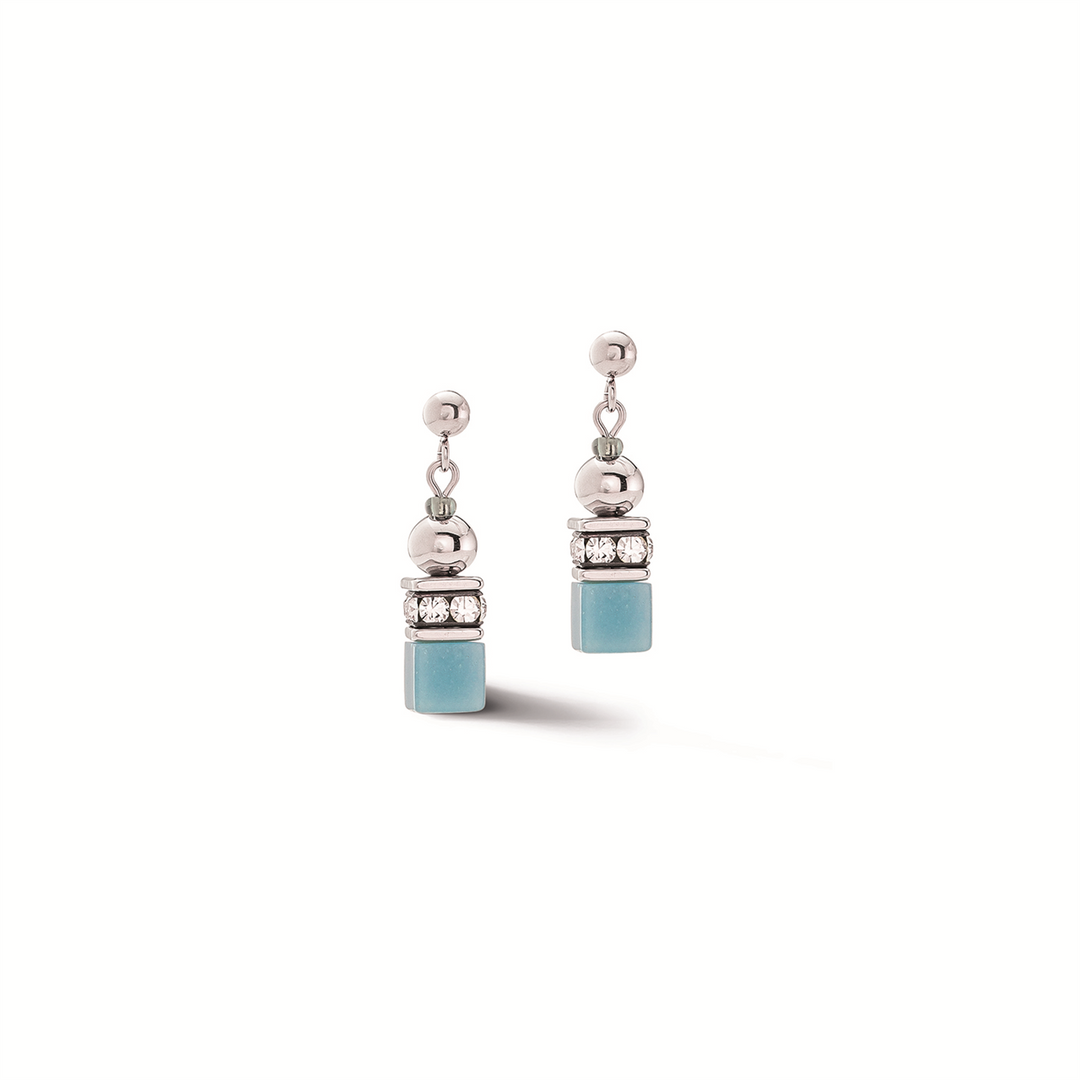 CDL - Sky Blue Glass & Metallic Hematite Orb Stud Earrings – Stainless Steel