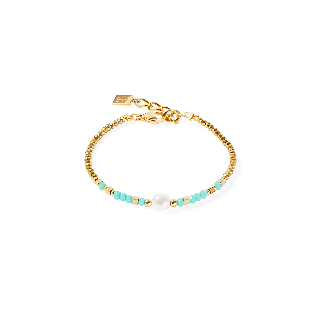 CDL - Bracelet, crystal pearls by Swarovski®, cut glass, gold plated St/steel. Turquoise, gold.