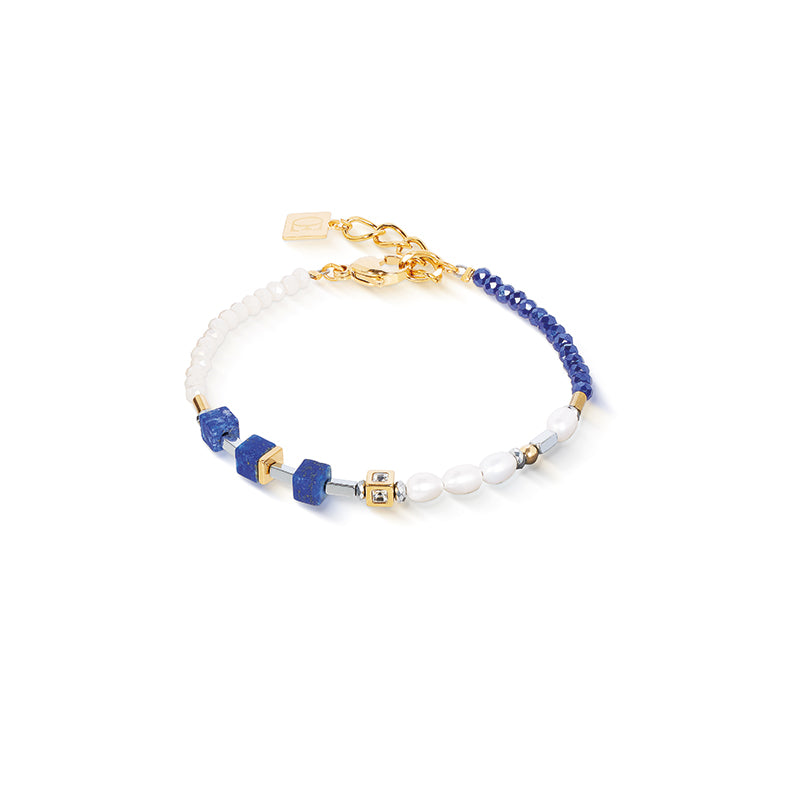 CDL - Bracelet, Freshwater pearl, natural lapis lazuli, Swarovski crystals, g/p st/steel.