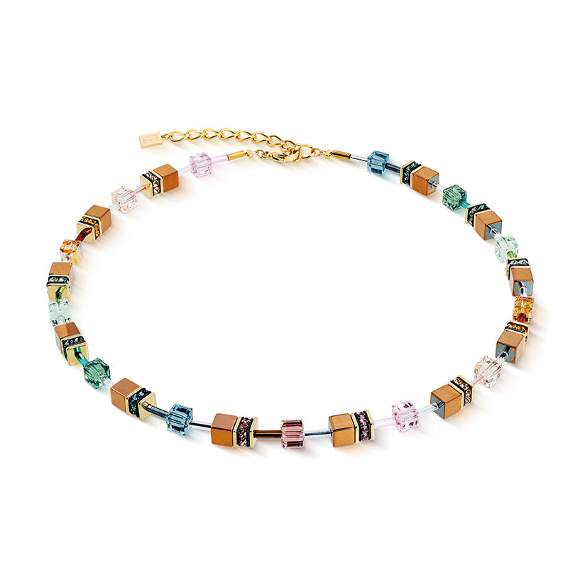 CDL - Necklace. G/plated st/steel, Swarovski? Crystals, haematite with bronze titanium oxide finish, rhinestone rondelles. Pale rainbow.