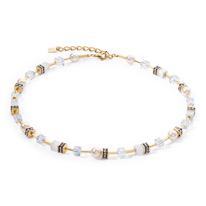 CDL - Necklace. Crystal Pearls by Swarovski Crystals, synthetic tiger's eye, rhinestone rondelles, glass, gold plated st/steel,