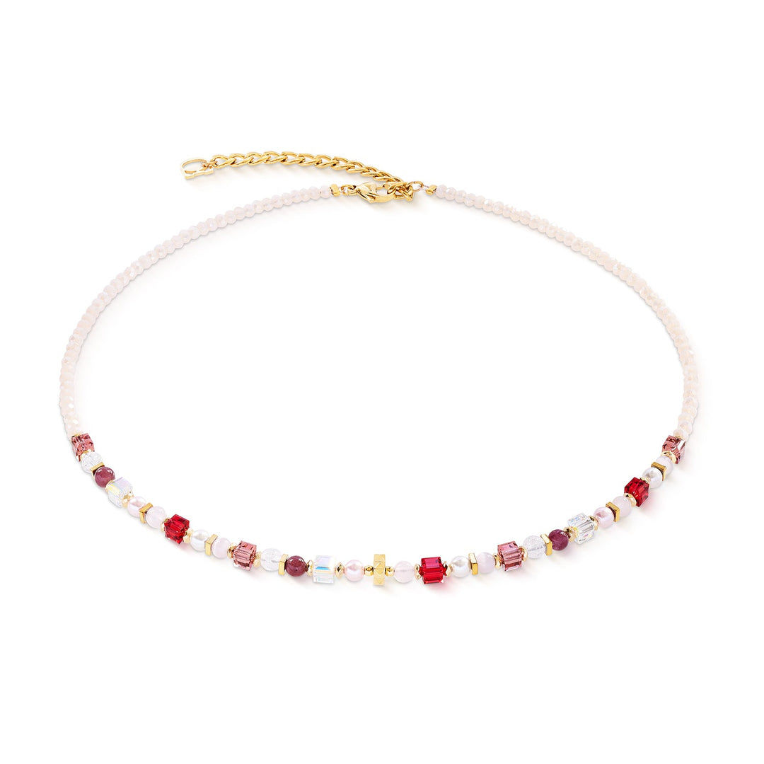 Necklace. Natural Lepidolite, rose quartz, rock crystal, synthetic tiger's eye, Swarovski Crystals & Crystal Pearls, Haematite w/ titanium oxide finish, cut glass and gold plated st/steel.