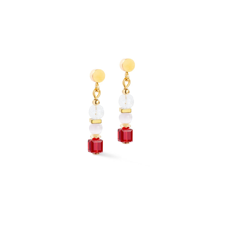 Natural material earrings - rock crystal, synthetic tiger's eye, Swarovski Crystals, haematite w/ titanium oxide finish. Gold plated stainless steel.