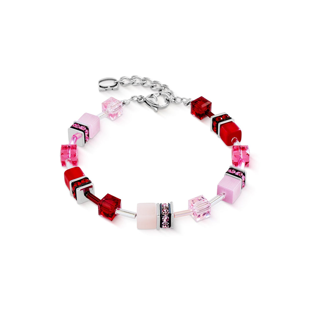 Bracelet. GeoCube. Swarovski Crystals, synthetic tiger's eye, polaris, rhinestone rondelles, cut glass & stainless steel. Rose, red.
