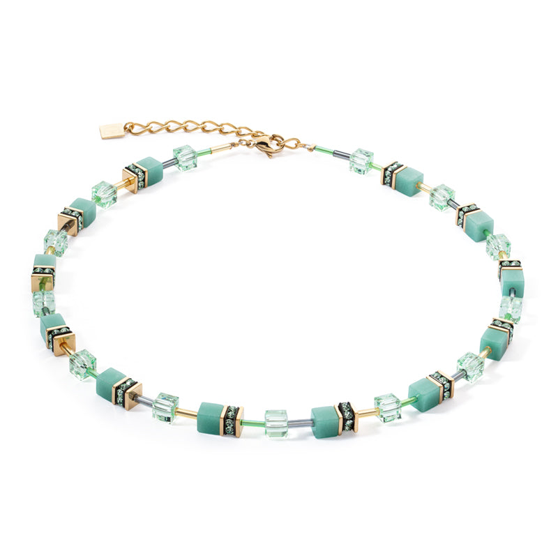 CDL - DISCONTINUED Necklace light green geo-cube gold plated st/steel , rhinestone, synthetic tiger eye & European Crystals