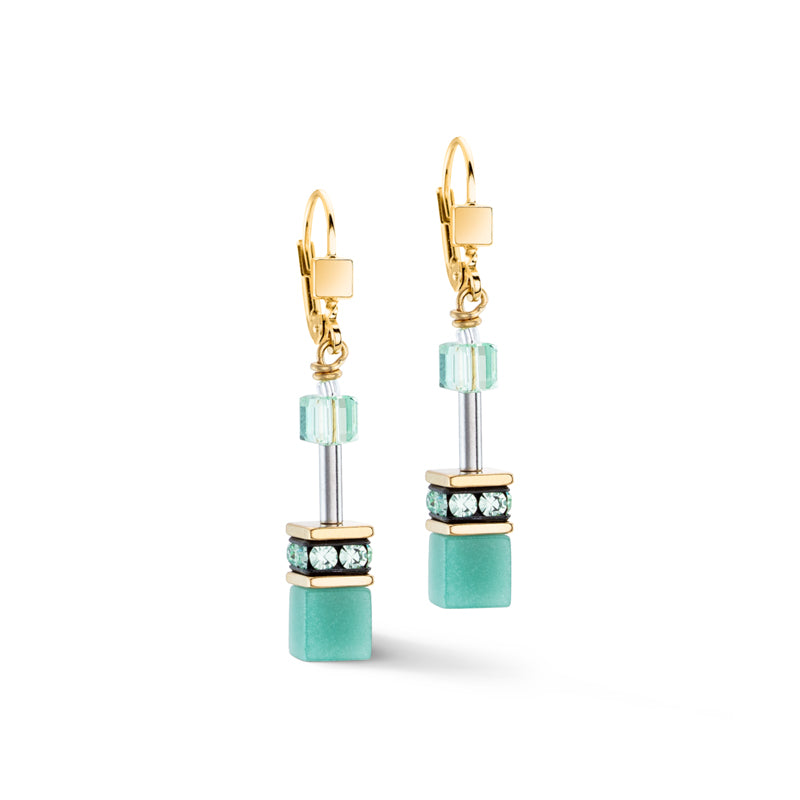 CDL - DISCONTINUED Earring light green geo-cube gold plated st/steel, rhinestone, synthetic tiger eye & European Crystals. Leverback st/silver gold plated
