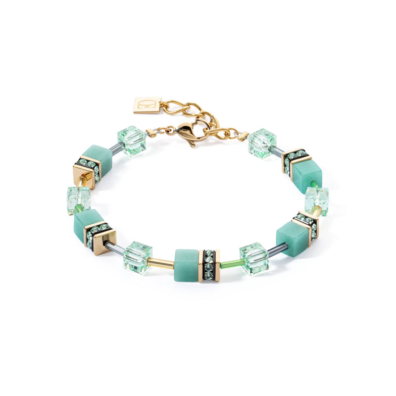 CDL - DISCONTINUED Bracelet light green geo-cube gold plated st/steel, rhinestone, synthetic tiger eye & European Crystals