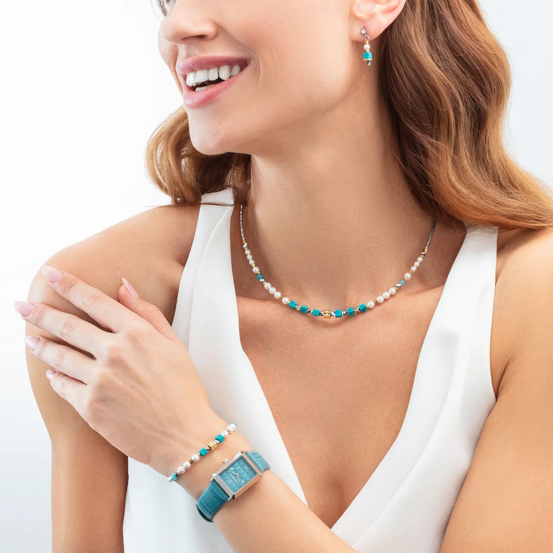 CDL - Turquoise & Amazonite Mini GeoCube Necklace – Swarovski Crystal Pearls