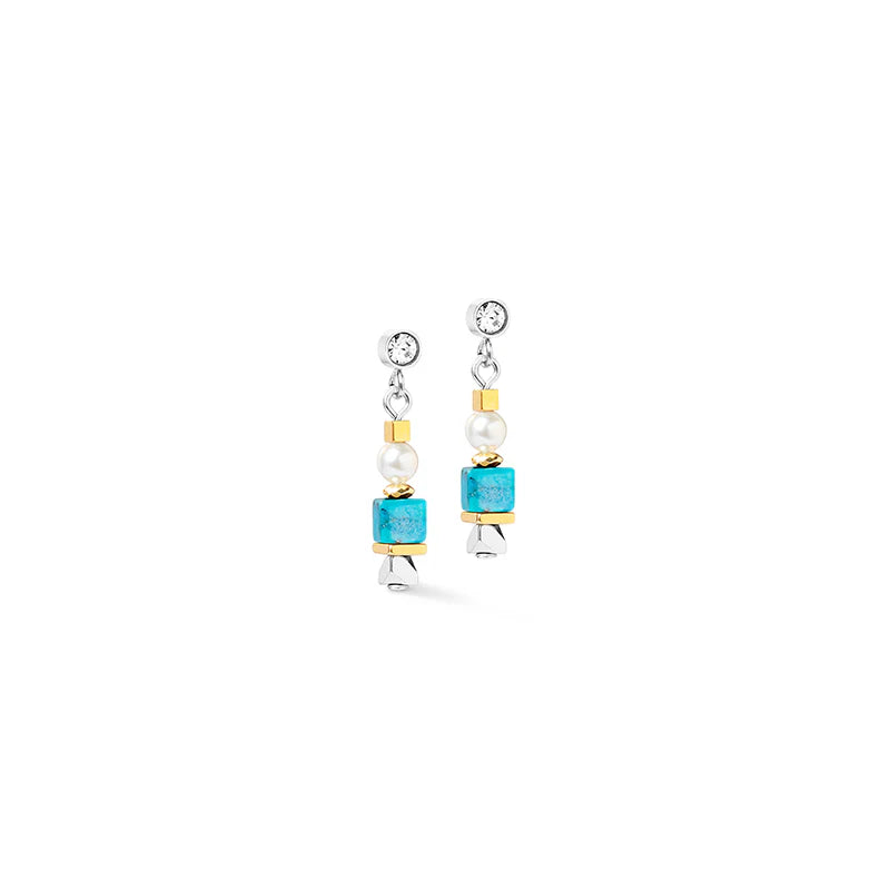 CDL - Turquoise & Swarovski Pearl Mini GeoCube Earrings – Stainless Steel Studs
