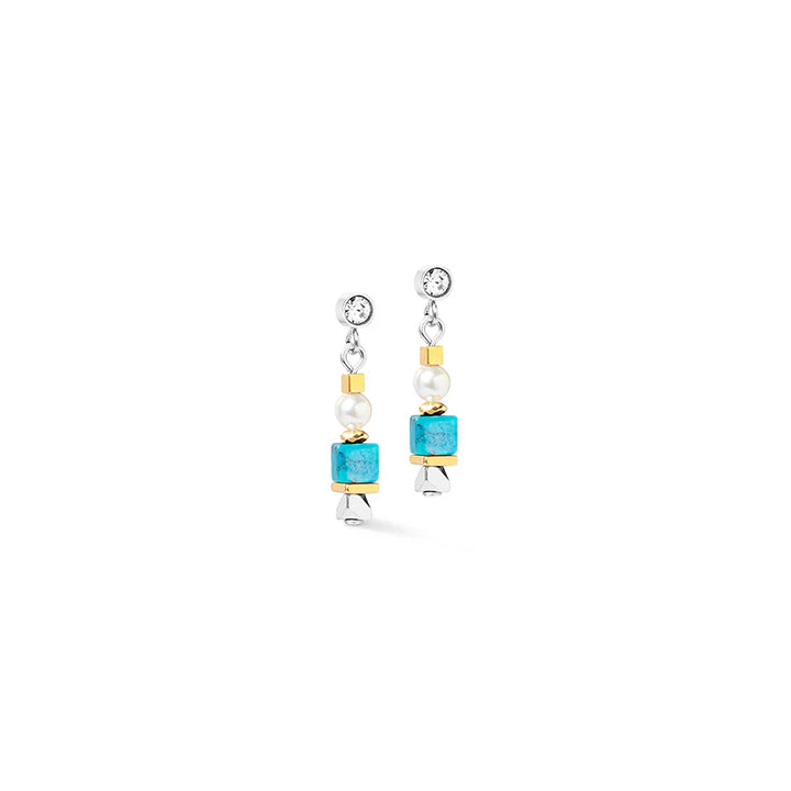 CDL - Turquoise & Swarovski Pearl Mini GeoCube Earrings – Stainless Steel Studs