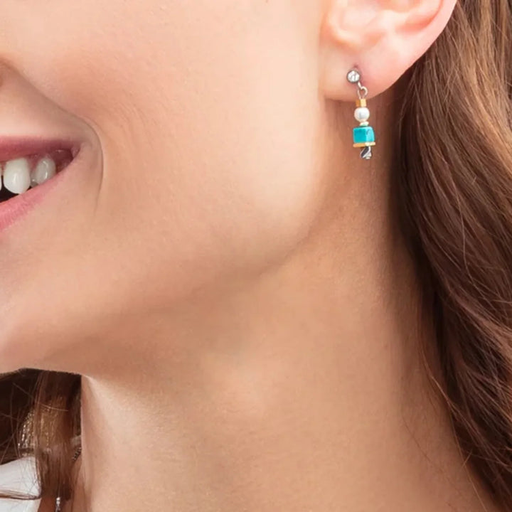 CDL - Turquoise & Swarovski Pearl Mini GeoCube Earrings – Stainless Steel Studs