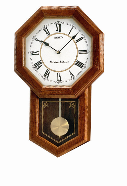 Wall clock - Chiming wooden wall clock, White dial, Pendulum