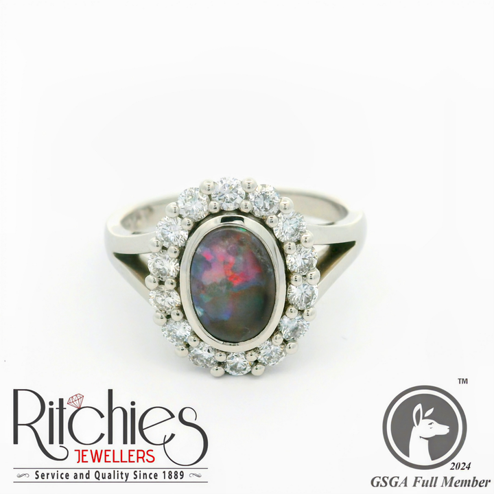 9ct White Gold Opal and Diamond Ring